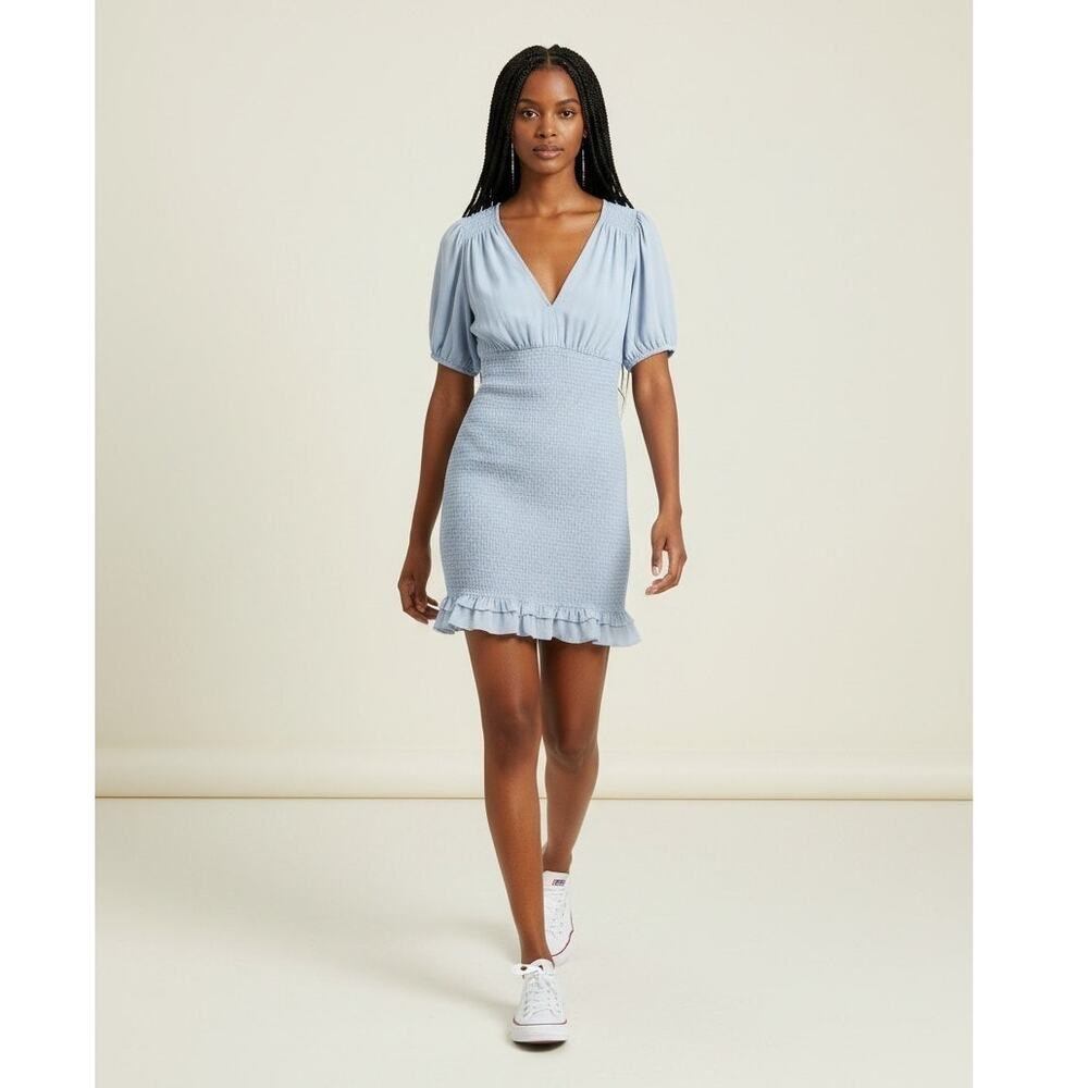 Abercrombie & Fitch Smocked V-Neck Ruffle Light Blue Mini Dress Size XL